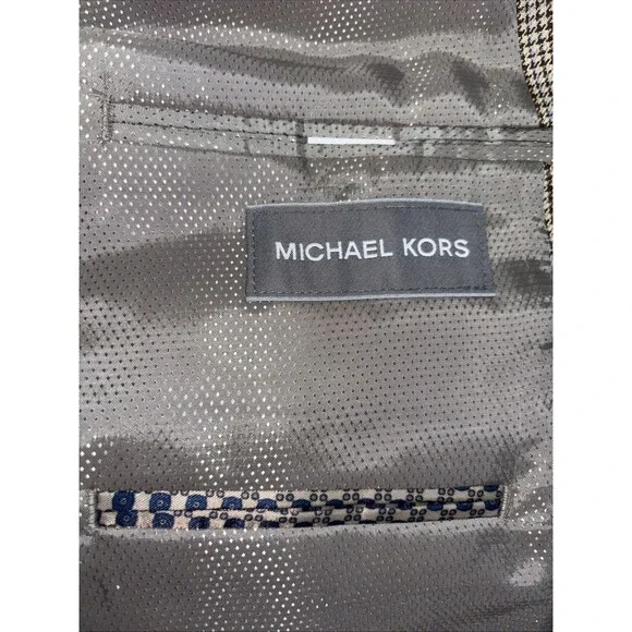 Mens 44L Michael Kors Tan Blue Houndstooth Suit Jacket Sport Coat - Picture 6 of 10